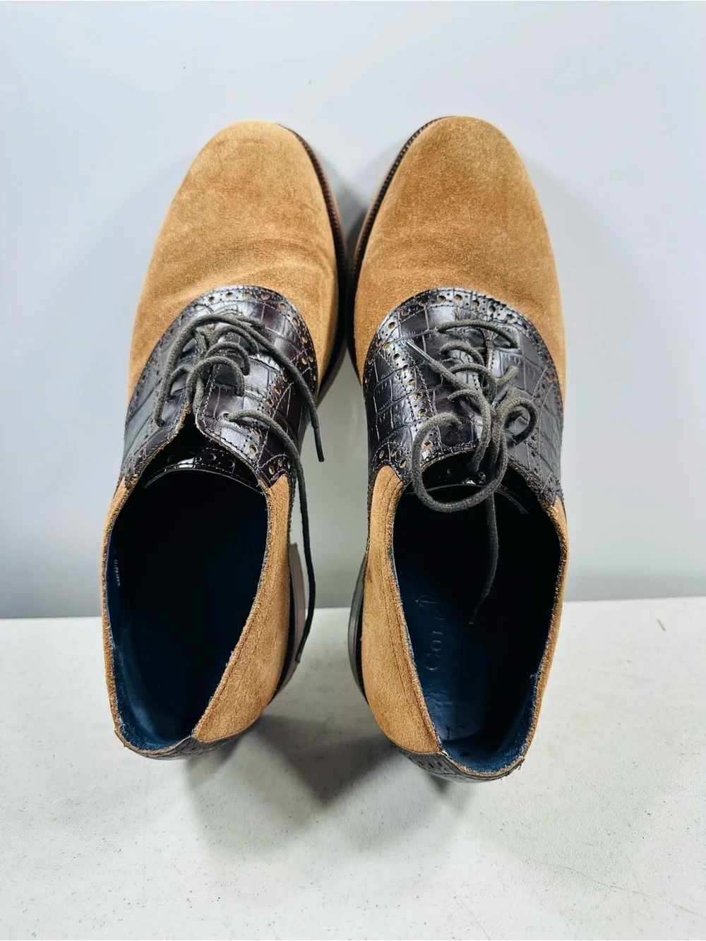 Cole Haan 9.5M Tan Brown Suede Leather Dress Shoes Saddle Oxfords Croc Embossed